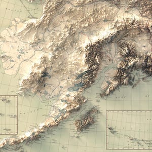 Detailed section of a vintage-style 3D topographic Alaska map art, showcasing Denali’s towering elevation with shaded relief, Bristol Bay’s intricate river networks, and the Shelikof Strait’s volcanic coastline. Perfect for geography enthusiasts or Alaska road trip planners, this handcrafted print uses archival inks on matte paper to highlight glacial valleys, fishing hotspots, and rugged terrain ideal for rustic cabin decor or wilderness-themed gifts.