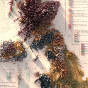 May include: A detailed geological map of Scotland, showing the different rock formations and their ages. The map is color-coded, with different colors representing different types of rocks. The map also includes a key that explains the different colors and symbols used on the map.