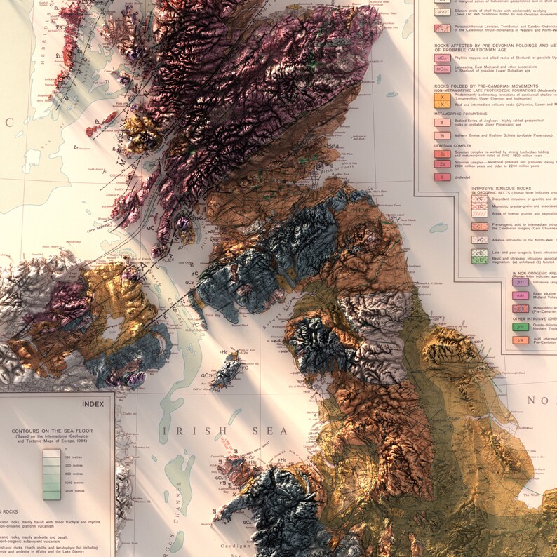May include: A detailed geological map of Scotland, showing the different rock formations and their ages. The map is color-coded, with different colors representing different types of rocks. The map also includes a key that explains the different colors and symbols used on the map.