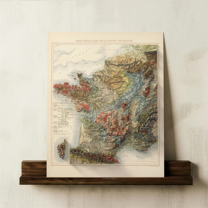 May include: A vintage-style geological map of France, featuring a 3D relief effect. The map displays a variety of colors representing different geographical features. The title "CARTE G&Eacute;OLOGIQUE DE LA R&Eacute;GION FRAN&Ccedil;AISE" is visible at the top. The map is displayed on a wooden shelf.