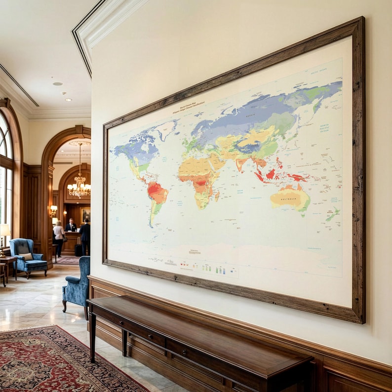 May include: A large, rectangular world map framed in dark wood, mounted on a cream-colored wall. The map features a colorful climate classification system with various shades of blue, green, yellow, orange, and red representing different regions.