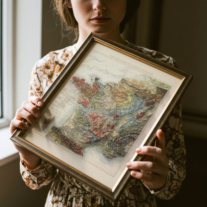 May include: Framed vintage map of France with a 3D relief effect, showcasing the country's topography. The map is in a gold-toned frame, held by a person. The map features a detailed color scheme with shades of green, red, and brown.