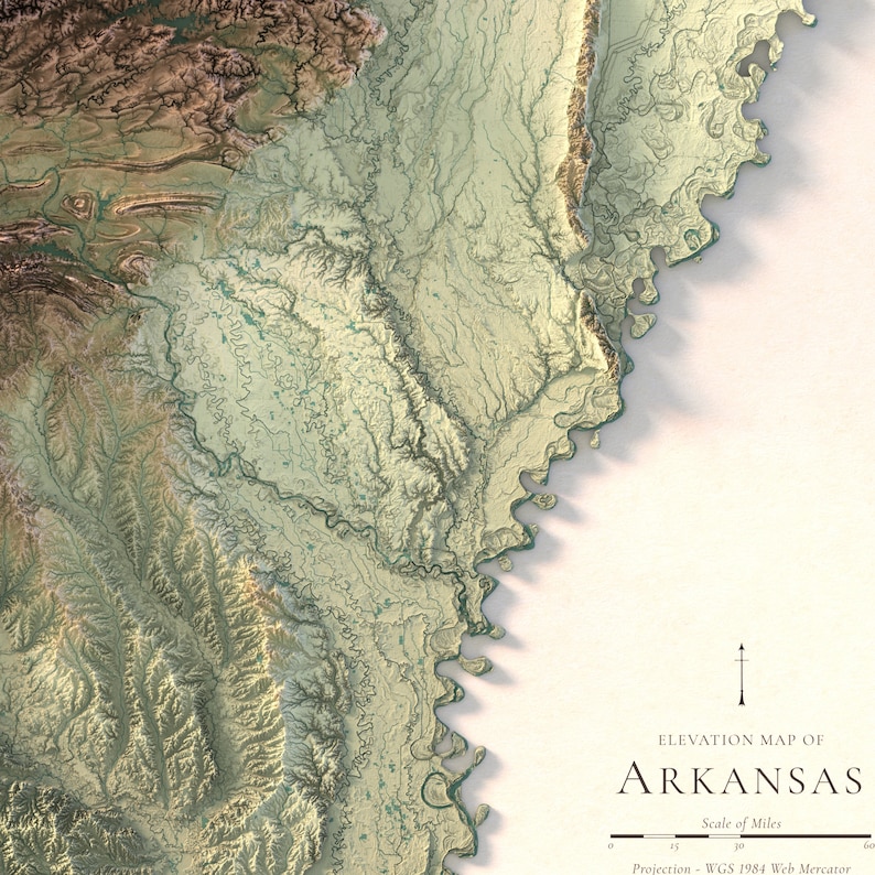 K&ouml;nnte beinhalten: Eine H&ouml;henkarte von Arkansas, die die Topographie des Bundesstaates in Gr&uuml;n-, Braun- und Blaut&ouml;nen zeigt. Die Karte ist mit "ELEVATION MAP OF ARKANSAS" beschriftet und enth&auml;lt eine Meilenskala und eine Projektion von WGS 1984 Web Mercator.