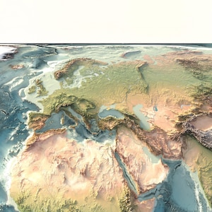May include: A high-angle, three-dimensional relief map showing the topography of Europe, Africa, and Western Asia. The visualization features textured landmasses in shades of green, tan, and brown, contrasted against deep blue ocean depths.