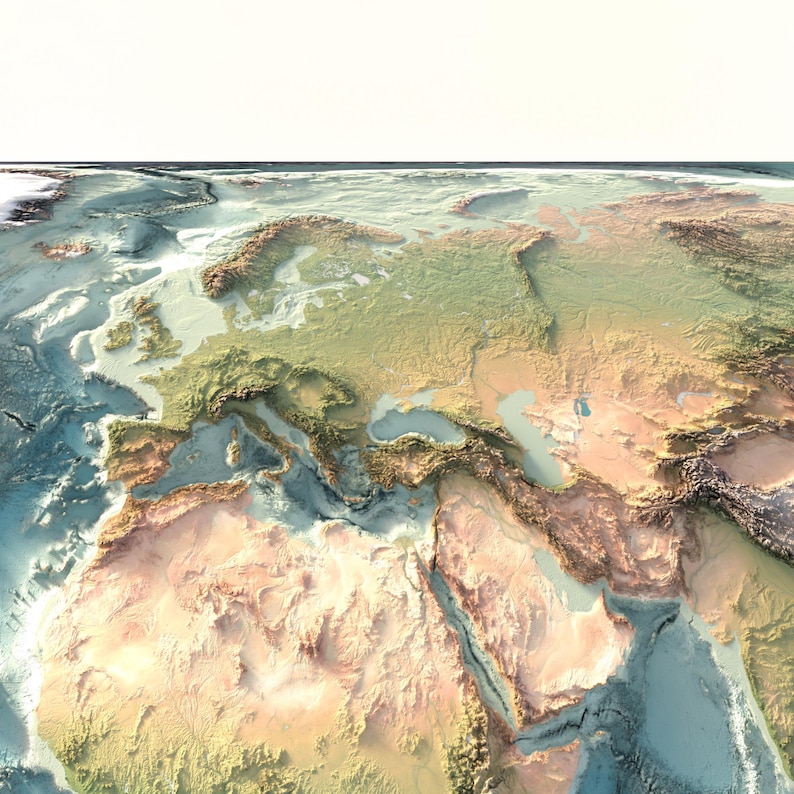 May include: A high-angle, three-dimensional relief map showing the topography of Europe, Africa, and Western Asia. The visualization features textured landmasses in shades of green, tan, and brown, contrasted against deep blue ocean depths.