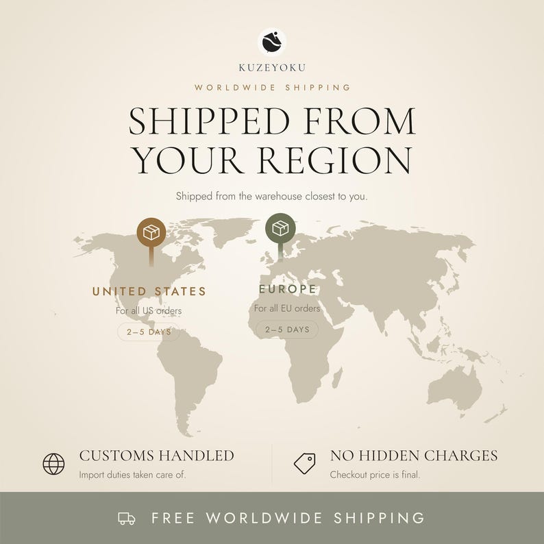 May include: A beige infographic featuring the Kuzeyoku logo and a world map with location markers for the United States and Europe. Text includes SHIPPED FROM YOUR REGION, CUSTOMS HANDLED, NO HIDDEN CHARGES, and FREE WORLDWIDE SHIPPING.
