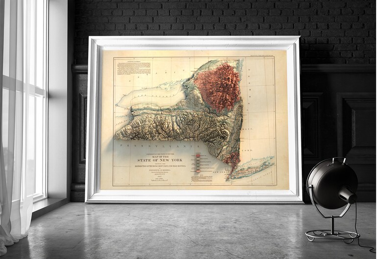 May include: A framed vintage map of New York State, featuring detailed topographical relief. The map is in a white frame, leaning against a wall. The map's colors include beige, brown, and red, with text at the bottom. A black lamp is in the foreground.