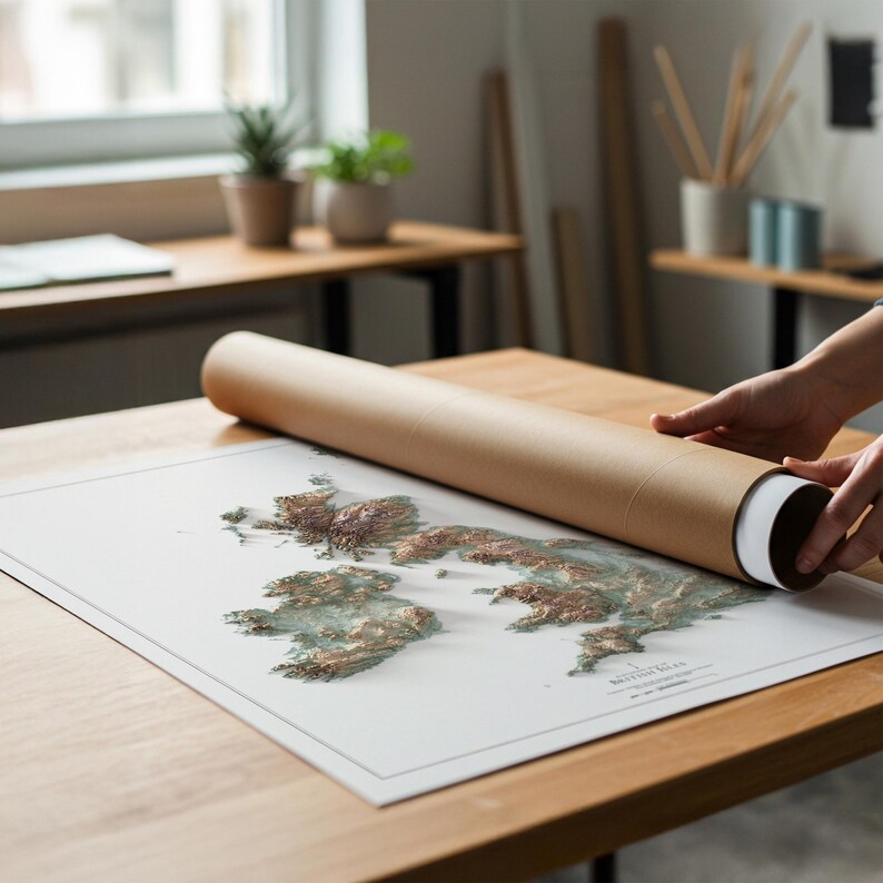 May include: A detailed 3D map of the British Isles, featuring raised relief and topographic details in shades of brown and green. The map is partially unrolled on a wooden table, with a brown cylindrical tube beside it.