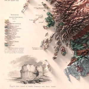 Może przedstawiać: Antyczna mapa geologiczna Szkocji, przedstawiająca r&oacute;żne formacje skalne i ich rozmieszczenie. Mapa jest zakodowana kolorami, przy czym każdy kolor reprezentuje inny rodzaj skały. Mapa zawiera r&oacute;wnież etykiety tekstowe identyfikujące r&oacute;żne rodzaje skał i ich wiek. Mapa nosi tytuł "Mapa geologiczna Szkocji".