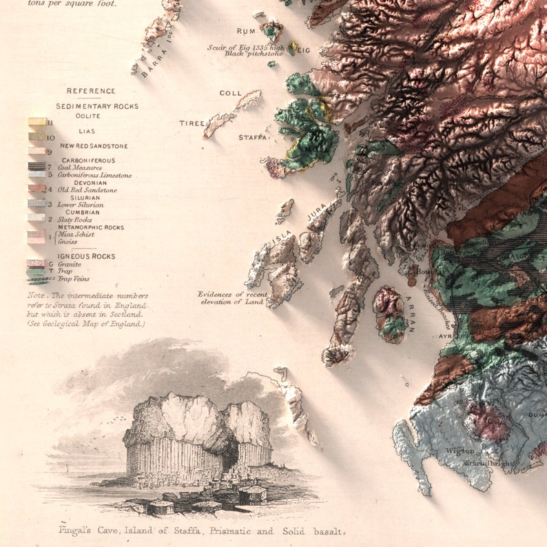 Może przedstawiać: Antyczna mapa geologiczna Szkocji, przedstawiająca r&oacute;żne formacje skalne i ich rozmieszczenie. Mapa jest zakodowana kolorami, przy czym każdy kolor reprezentuje inny rodzaj skały. Mapa zawiera r&oacute;wnież etykiety tekstowe identyfikujące r&oacute;żne rodzaje skał i ich wiek. Mapa nosi tytuł "Mapa geologiczna Szkocji".