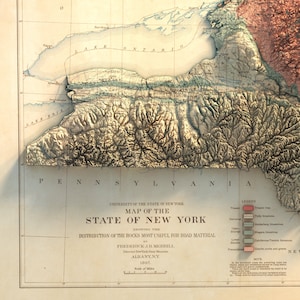 May include: A vintage map of New York State, showing the distribution of rocks for road material. The map, from 1897, features detailed relief shading and text including the names of the Great Lakes and the legend. The map is in shades of beige, brown, and blue.