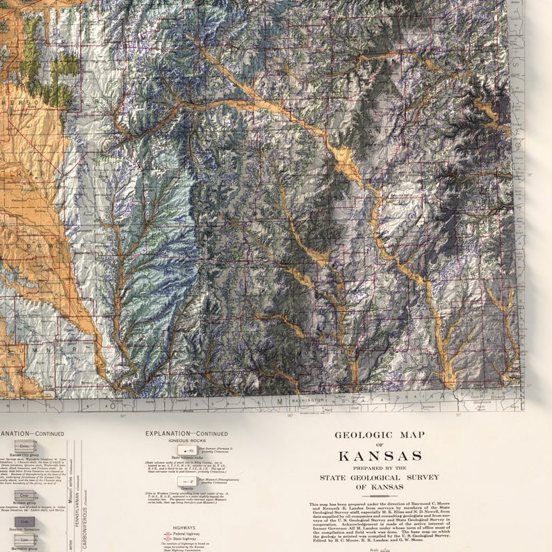 Kansas Geologic Map 1937 Kansas Geological Map Art Print: Topographic Home Decor - Etsy