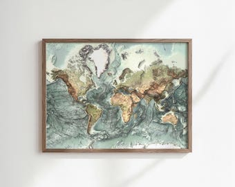 世界標高地図：詳細な地形図レリーフプリント、ヴィンテージ