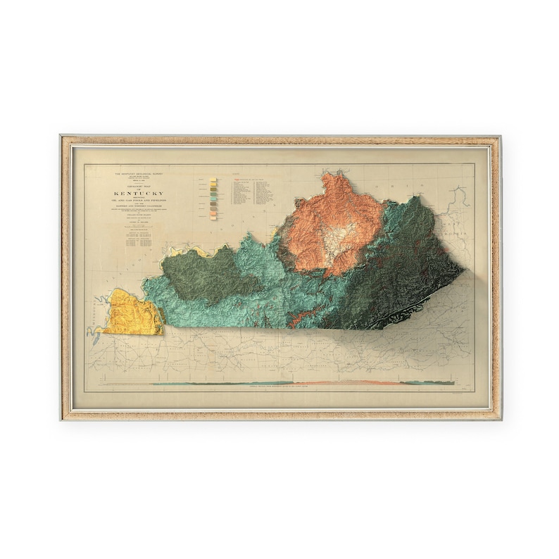 May include: A vintage map of Kentucky, showing the state's topography and elevation. The map is in a brown frame and features a 3D effect, with the state's mountains and valleys highlighted in shades of green, brown, and yellow.
