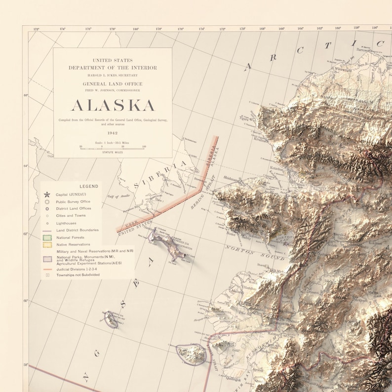 May include: A vintage topographic map of Alaska, featuring detailed relief shading and geographical features. The map includes the text "ALASKA" and "UNITED STATES DEPARTMENT OF THE INTERIOR". The map is printed on aged paper with a legend and various labels.