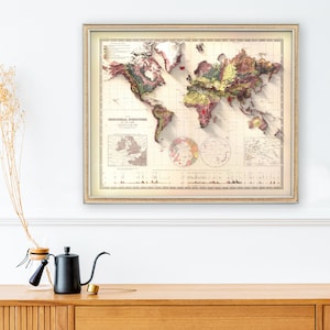 May include: A vintage world map with a 3D effect showing the geological structure of the Earth. The map is printed in shades of brown, green, and red. The title of the map is "The Geological Structure of the Earth".