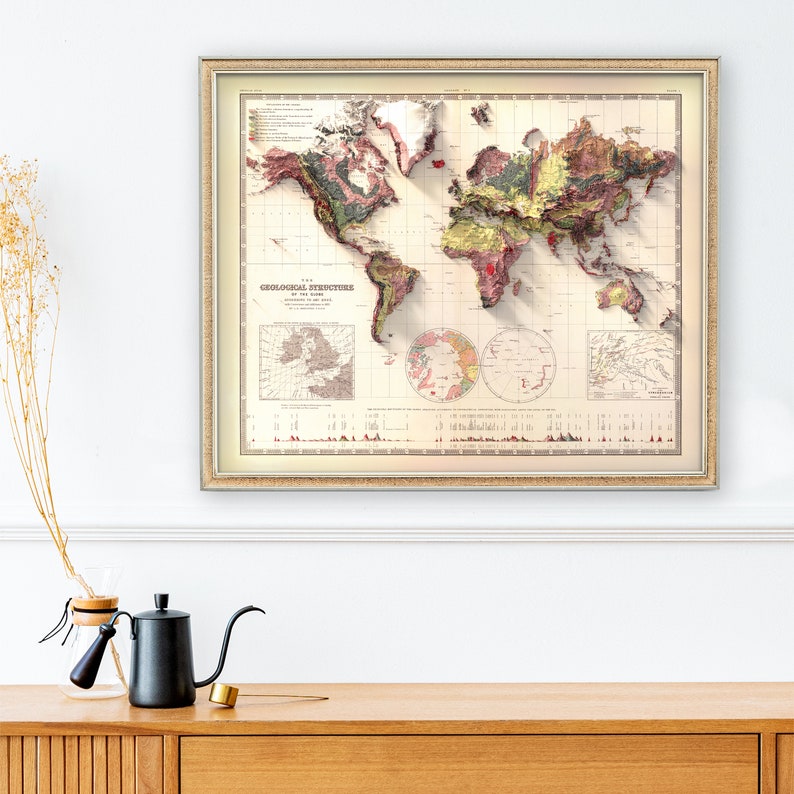 May include: A vintage world map with a 3D effect showing the geological structure of the Earth. The map is printed in shades of brown, green, and red. The title of the map is "The Geological Structure of the Earth".