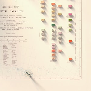 Geologische Karte Südamerikas (1950): Historischer Reliefdruck, Wanddekoration im Antikstil, topografische Kunst Bild 9