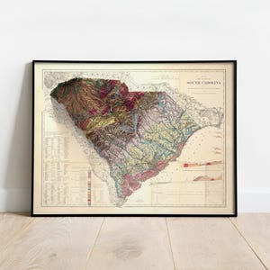 Pode incluir: Um mapa vintage da Carolina do Sul, impresso em preto e branco com detalhes coloridos. O mapa mostra a topografia do estado com diferentes tons de marrom, verde e vermelho. O mapa est&aacute; emoldurado em uma moldura preta.