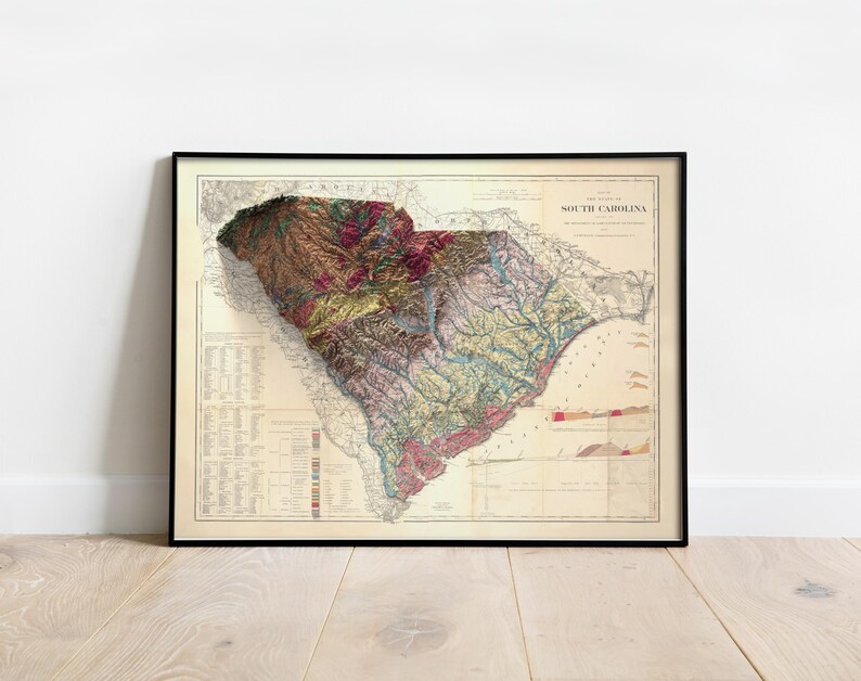 Pode incluir: Um mapa vintage da Carolina do Sul, impresso em preto e branco com detalhes coloridos. O mapa mostra a topografia do estado com diferentes tons de marrom, verde e vermelho. O mapa est&aacute; emoldurado em uma moldura preta.