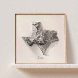 Texas (B&W) - schattierte Reliefkarte - Home Dekor - Topographie - Kunstdruck - Einzigartiges Geschenk