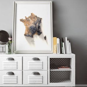 Puede incluir: Una impresi&oacute;n enmarcada en blanco de un mapa topogr&aacute;fico 3D de Francia. El mapa est&aacute; en una c&oacute;moda blanca con un estante de malla de alambre. Hay libros en el estante superior de la c&oacute;moda.