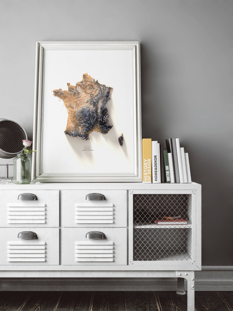 Puede incluir: Una impresi&oacute;n enmarcada en blanco de un mapa topogr&aacute;fico 3D de Francia. El mapa est&aacute; en una c&oacute;moda blanca con un estante de malla de alambre. Hay libros en el estante superior de la c&oacute;moda.