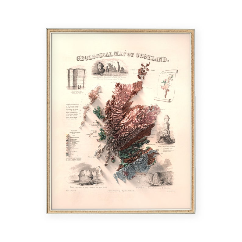 Może przedstawiać: Antyczna mapa geologiczna Szkocji z efektem 3D. Mapa jest wydrukowana w odcieniach brązu, zieleni, błękitu i czerwieni. Mapa jest otoczona ilustracjami r&oacute;żnych formacji geologicznych.