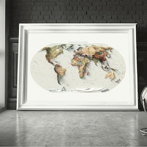 Mapa Político Mundial: Impressão Topográfica de Elevação, Arte de Parede em Relevo, Decoração de Escritório imagem 3