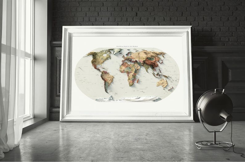 Mapa Político Mundial: Impressão Topográfica de Elevação, Arte de Parede em Relevo, Decoração de Escritório imagem 3