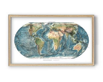 May include: A framed physical world map featuring a relief-style projection of continents and ocean floors. The landmasses are rendered in shades of green and brown, while the oceans appear in deep blue, all enclosed in a light-colored frame.
