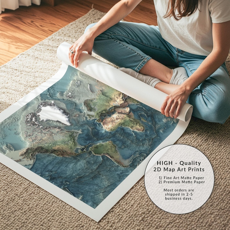 World Map: Natural Topography Wall Art Print with Realistic Relief and Ocean Detail image 10