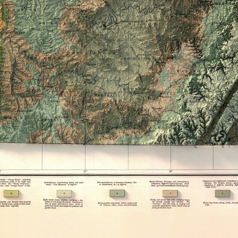 May include: A vintage map of North Carolina, showing the state's counties and soil types. The map is divided into sections, each with a different color representing a different soil type. The map also includes a key that explains the different soil types.