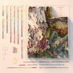 May include: A colorful geological map of Utah, showing the state's diverse rock formations and geological features. The map is presented in a 3D style, with a raised relief effect. The map includes a legend and a cross-section diagram.