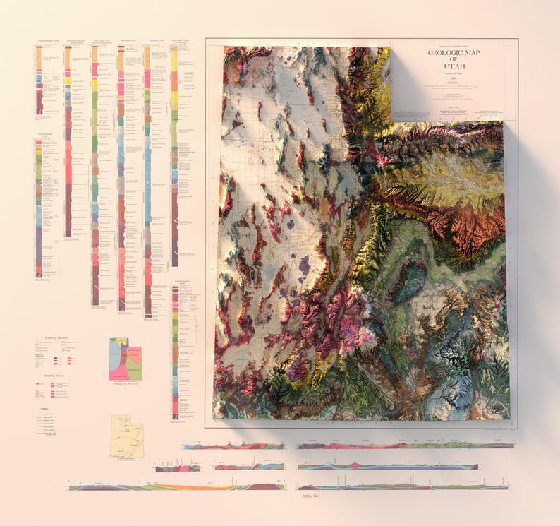 May include: A colorful geological map of Utah, showing the state's diverse rock formations and geological features. The map is presented in a 3D style, with a raised relief effect. The map includes a legend and a cross-section diagram.