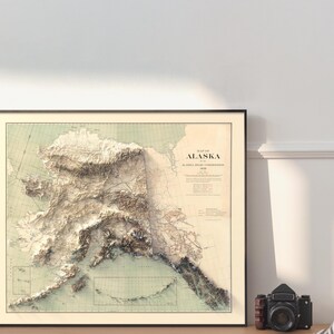 Sleek black-framed Alaska map art in a contemporary living room with neutral tones, potted plants, and minimalist shelving. The 3D elevation details of the Shelikof Strait and Kenai Fjords add bold texture to the space, perfect for urban explorers who crave a touch of Arctic wildness in their modern home or office decor.