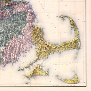 May include: An antique map of Cape Cod, Massachusetts, with detailed topography and coastline. The map is printed in shades of blue, green, yellow, and pink, with text labels for various locations and features.