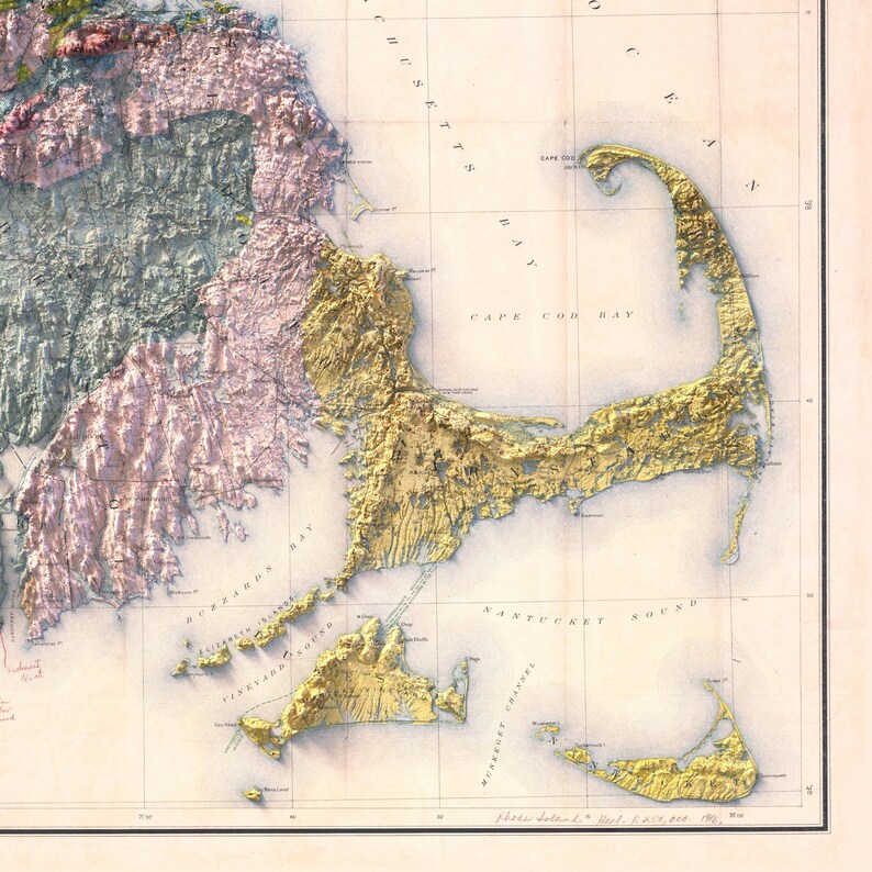 May include: An antique map of Cape Cod, Massachusetts, with detailed topography and coastline. The map is printed in shades of blue, green, yellow, and pink, with text labels for various locations and features.