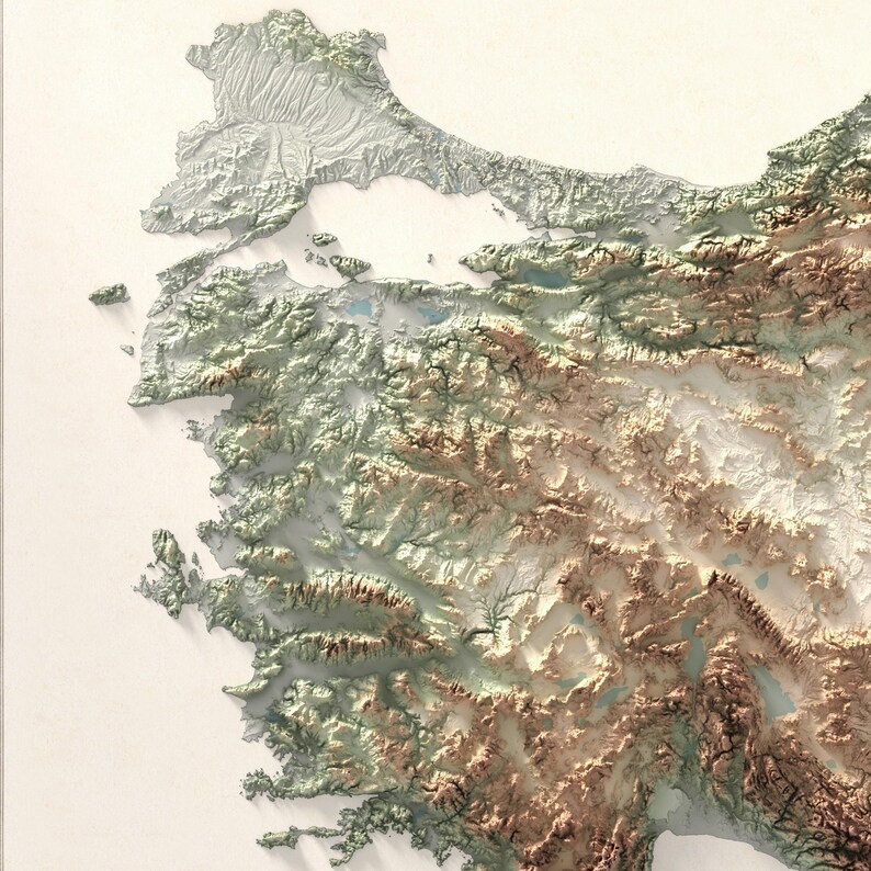 May include: A detailed topographic map of a mountainous region with a large body of water in the upper left corner. The map is printed in shades of green, brown, and white.