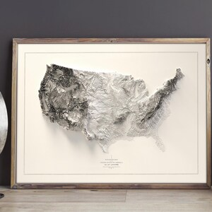Pu&ograve; includere: Una mappa topografica in bianco e nero degli Stati Uniti d'America incorniciata. La mappa &egrave; in rilievo per creare un effetto 3D. La mappa &egrave; incorniciata in una cornice di legno semplice.