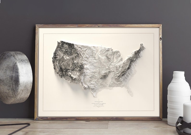 Pu&ograve; includere: Una mappa topografica in bianco e nero degli Stati Uniti d'America incorniciata. La mappa &egrave; in rilievo per creare un effetto 3D. La mappa &egrave; incorniciata in una cornice di legno semplice.