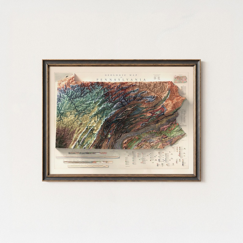 Geological Map of Pennsylvania 1960: Rustic Wall Art, Geological and Natural Topography Print image 1