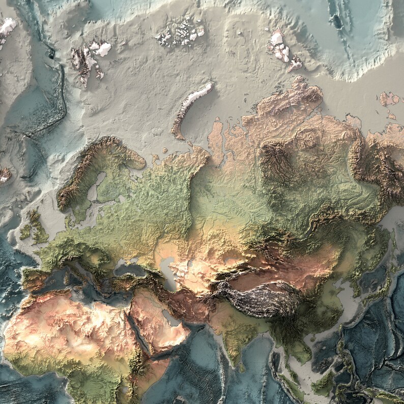 May include: A detailed topographic map of Europe and Asia, showing the terrain in shades of green, brown, and blue. The map highlights the mountain ranges, valleys, and coastlines of the two continents.