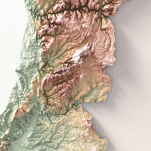 May include: A 3D-rendered topographic map with a gradient of colors, including shades of green, brown, and tan. The map depicts a mountainous region with detailed relief features, including valleys and ridges. The overall effect is a realistic representation of the terrain.