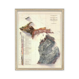 Michigan Geological Map 1916: Topographic Relief Art Print, Wall Decor, Unique Map Gift image 3