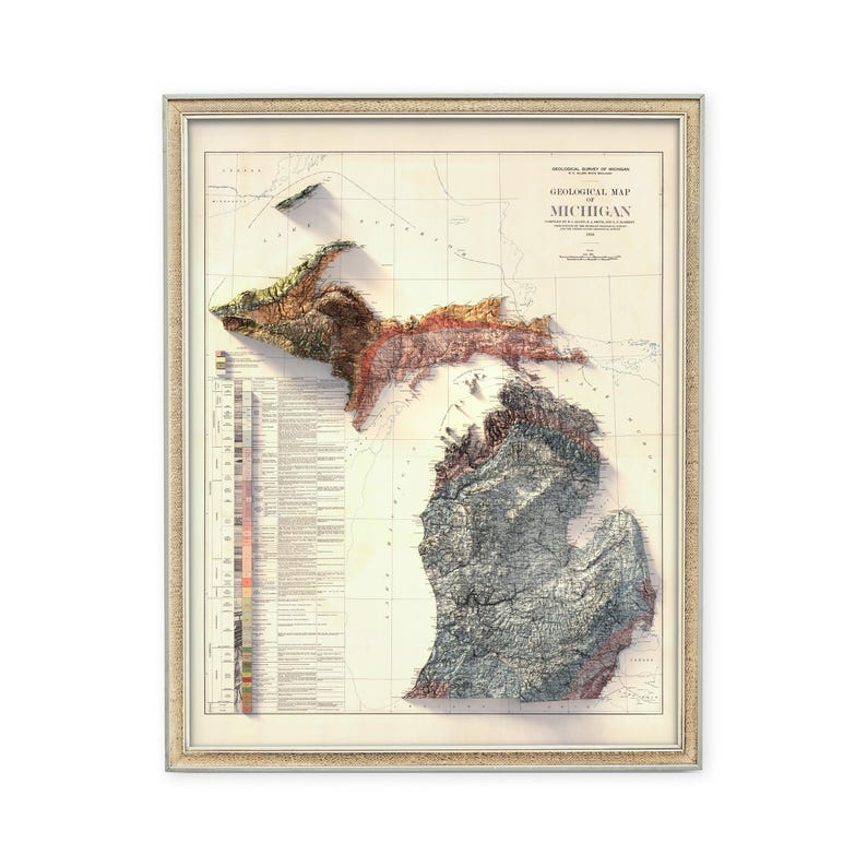 Michigan Geological Map 1916: Topographic Relief Art Print, Wall Decor, Unique Map Gift image 3