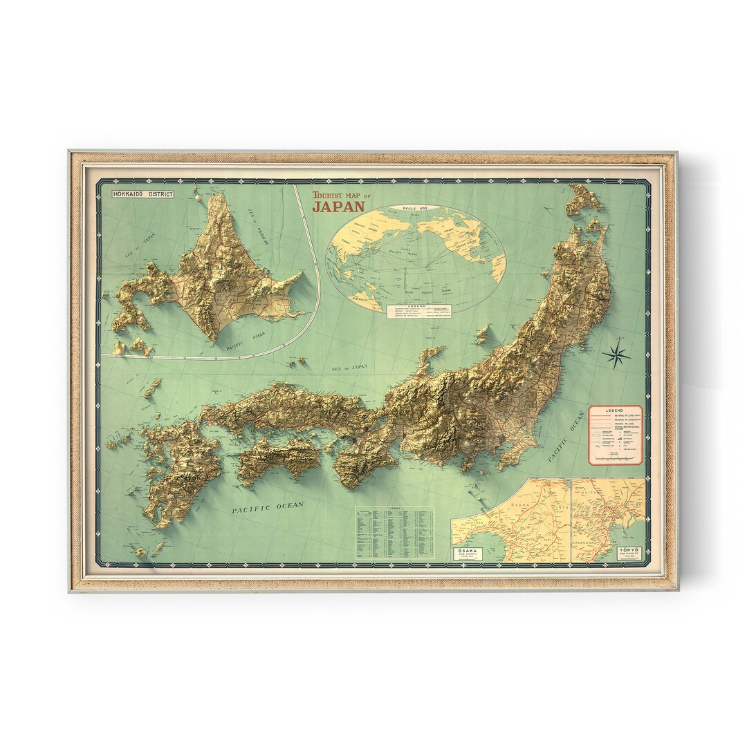 Japan Tourist Map - Wall Decor - Topography - Elevation - Art Print ...
