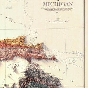 Michigan Geological Map 1916: Topographic Relief Art Print, Wall Decor, Unique Map Gift image 7