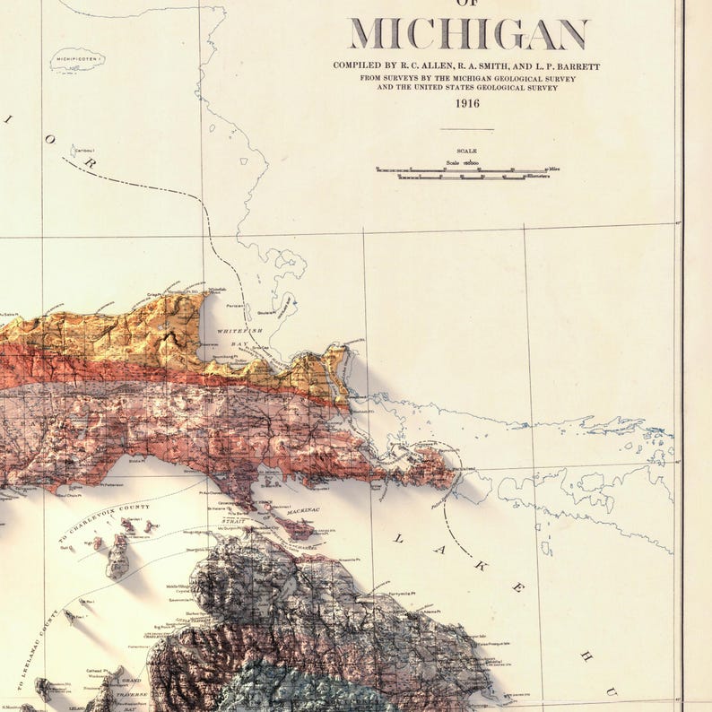 Michigan Geological Map 1916: Topographic Relief Art Print, Wall Decor, Unique Map Gift image 7
