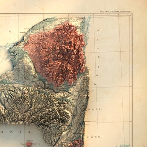 May include: A vintage topographical map of New York State, featuring a detailed relief of the landscape. The map uses a color scheme with shades of brown, green, and red to indicate elevation and geological features. The text "BULLETIN No. 17 NEW YORK, STATE MUSEUM" is visible.